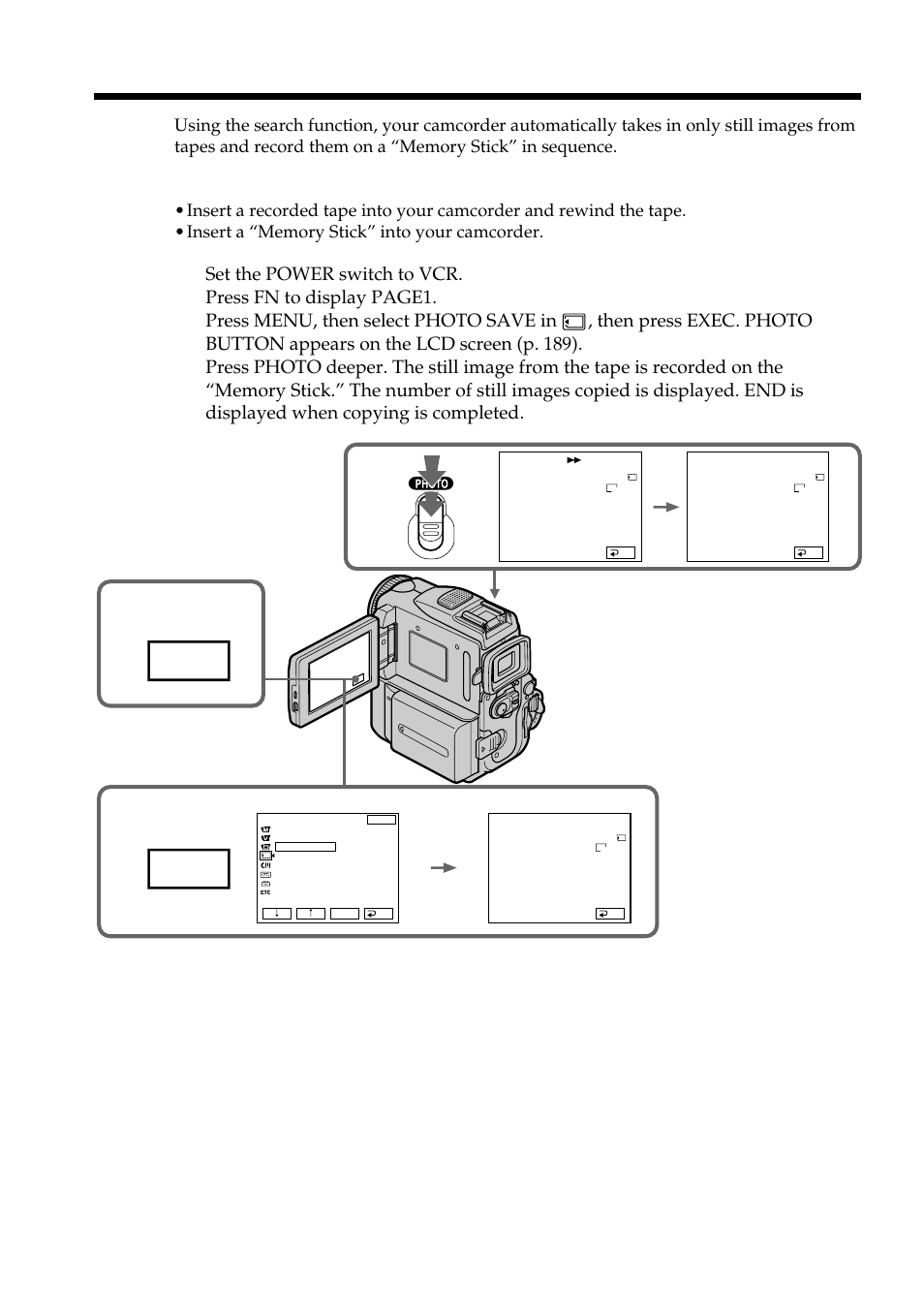 Copying still images from a tape – photo save, Fn menu | Sony DCR-PC101 User Manual | Page 146 / 224