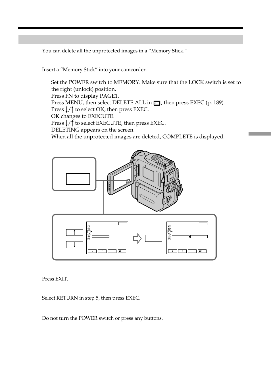 Deleting all the images, Deleting images – delete | Sony DCR-PC101 User Manual | Page 159 / 224