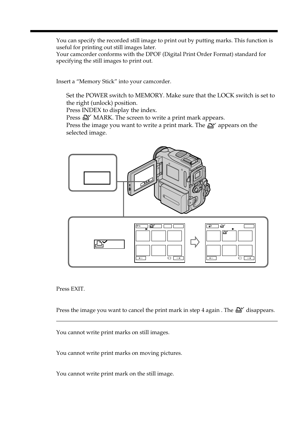 Writing a print mark – print mark, Index, Mark | Sony DCR-PC101 User Manual | Page 160 / 224