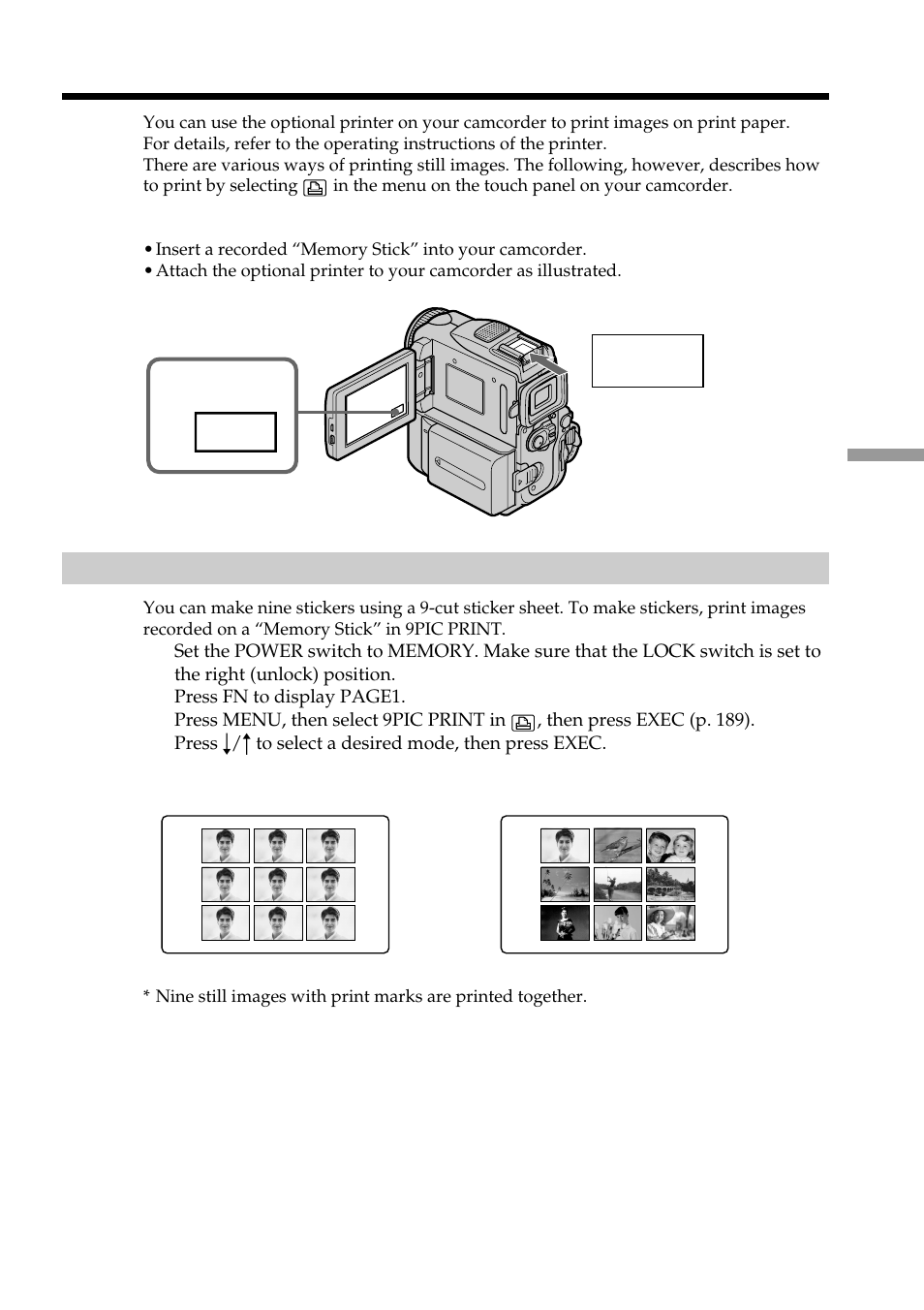 Using the optional printer | Sony DCR-PC101 User Manual | Page 161 / 224