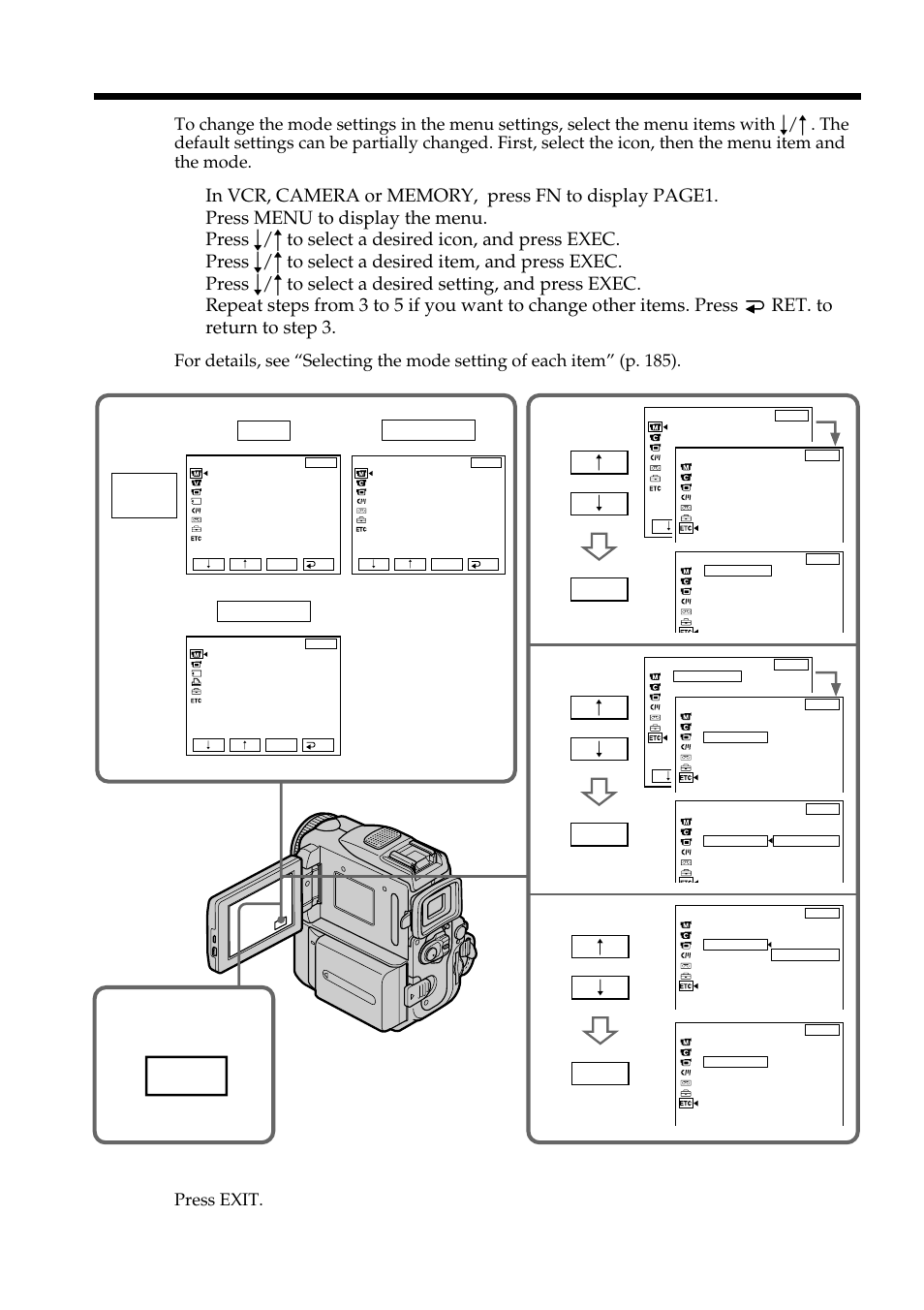 Customizing your camcorder, Changing the menu settings, Menu | Camera, Press exit | Sony DCR-PC101 User Manual | Page 184 / 224