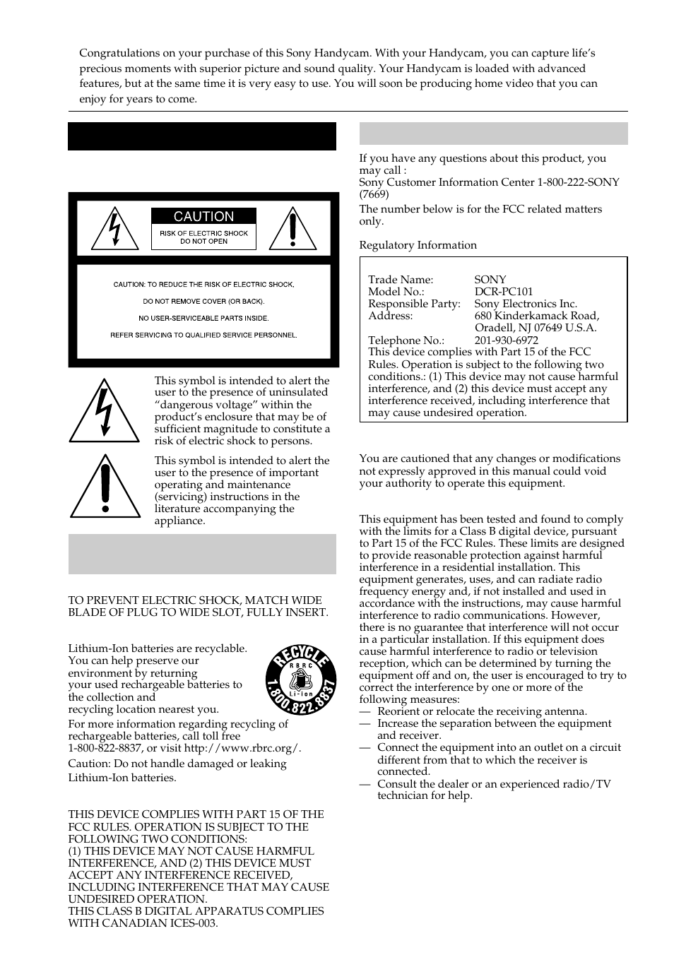 Warning, For the customers in the u.s.a. and canada caution, For the customers in the u.s.a | Caution, Welcome | Sony DCR-PC101 User Manual | Page 2 / 224