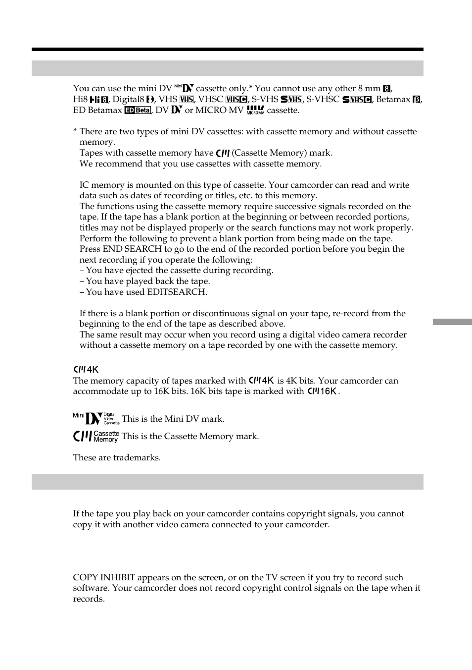Additional information, Usable cassettes | Sony DCR-PC101 User Manual | Page 203 / 224