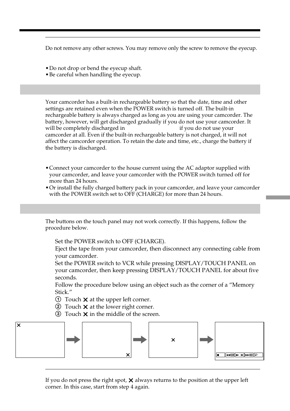 Charging the built-in rechargeable battery, Adjusting the lcd screen (calibration), Maintenance information and precautions | Sony DCR-PC101 User Manual | Page 211 / 224