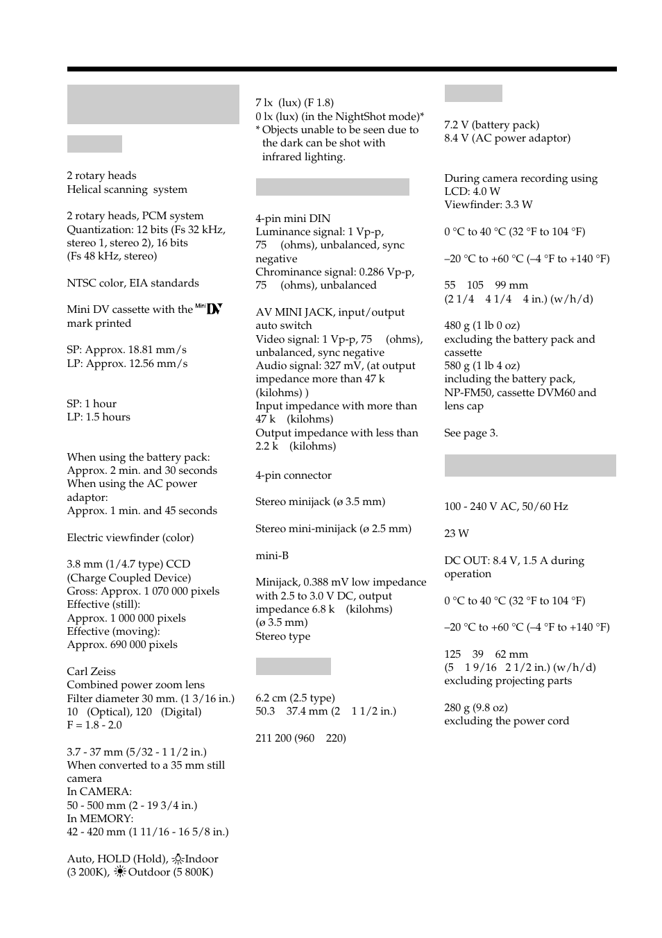 Specifications, Ac power adaptor, Video camera recorder | Sony DCR-PC101 User Manual | Page 214 / 224