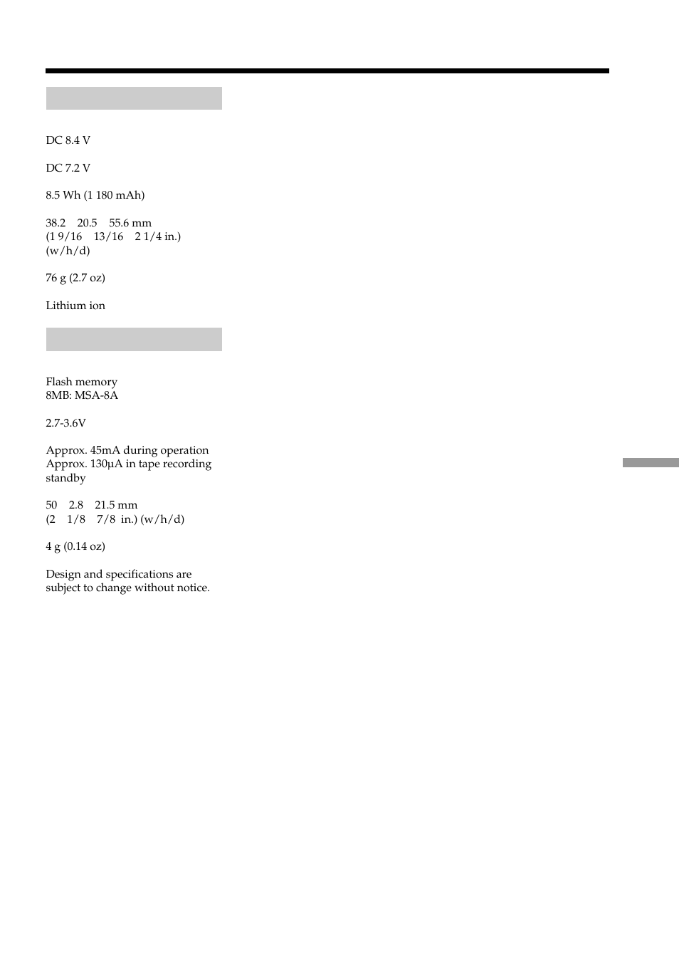 Battery pack, Specifications | Sony DCR-PC101 User Manual | Page 215 / 224