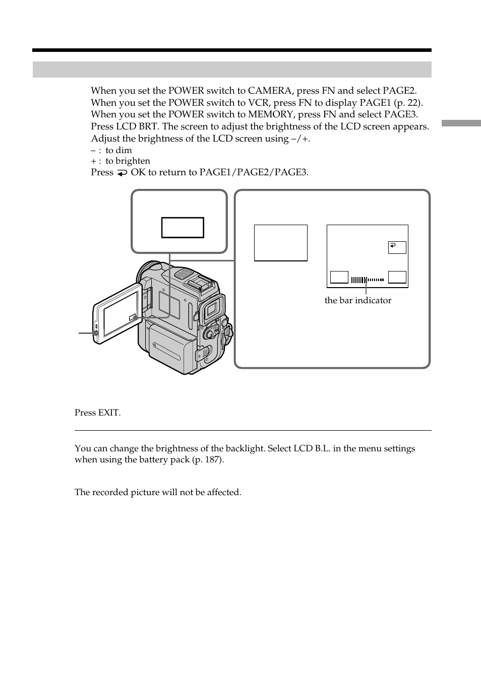 Lcd brt | Sony DCR-PC101 User Manual | Page 27 / 224