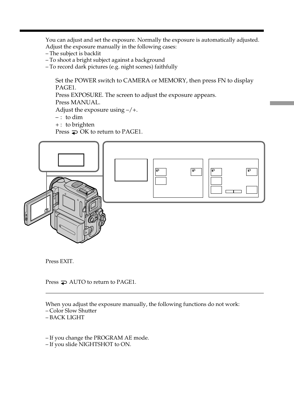 Adjusting the exposure manually, Expo– sure | Sony DCR-PC101 User Manual | Page 63 / 224