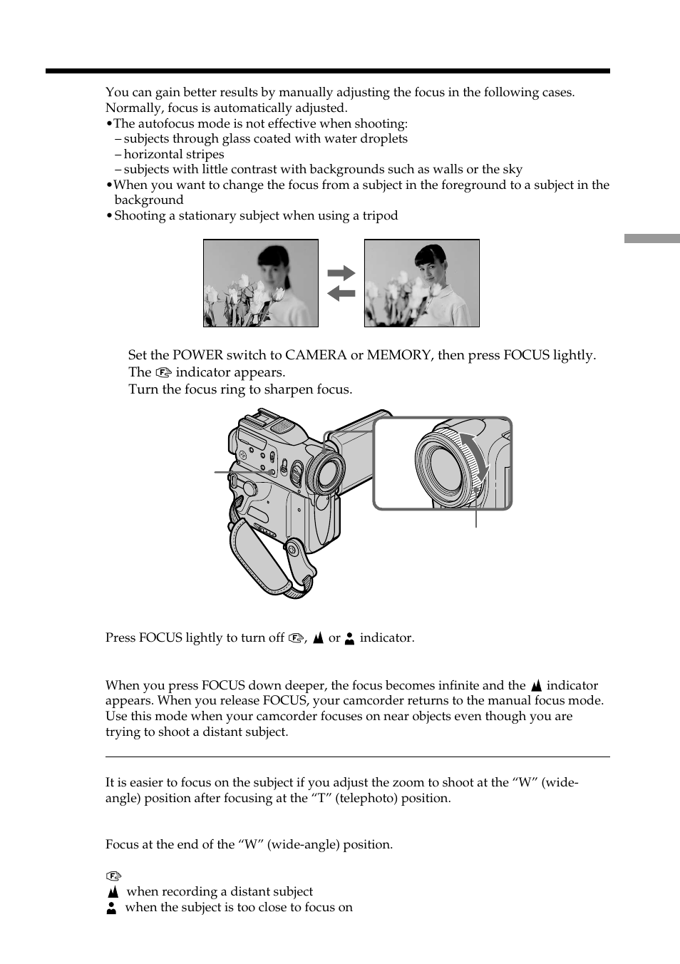 Focusing manually | Sony DCR-PC101 User Manual | Page 65 / 224
