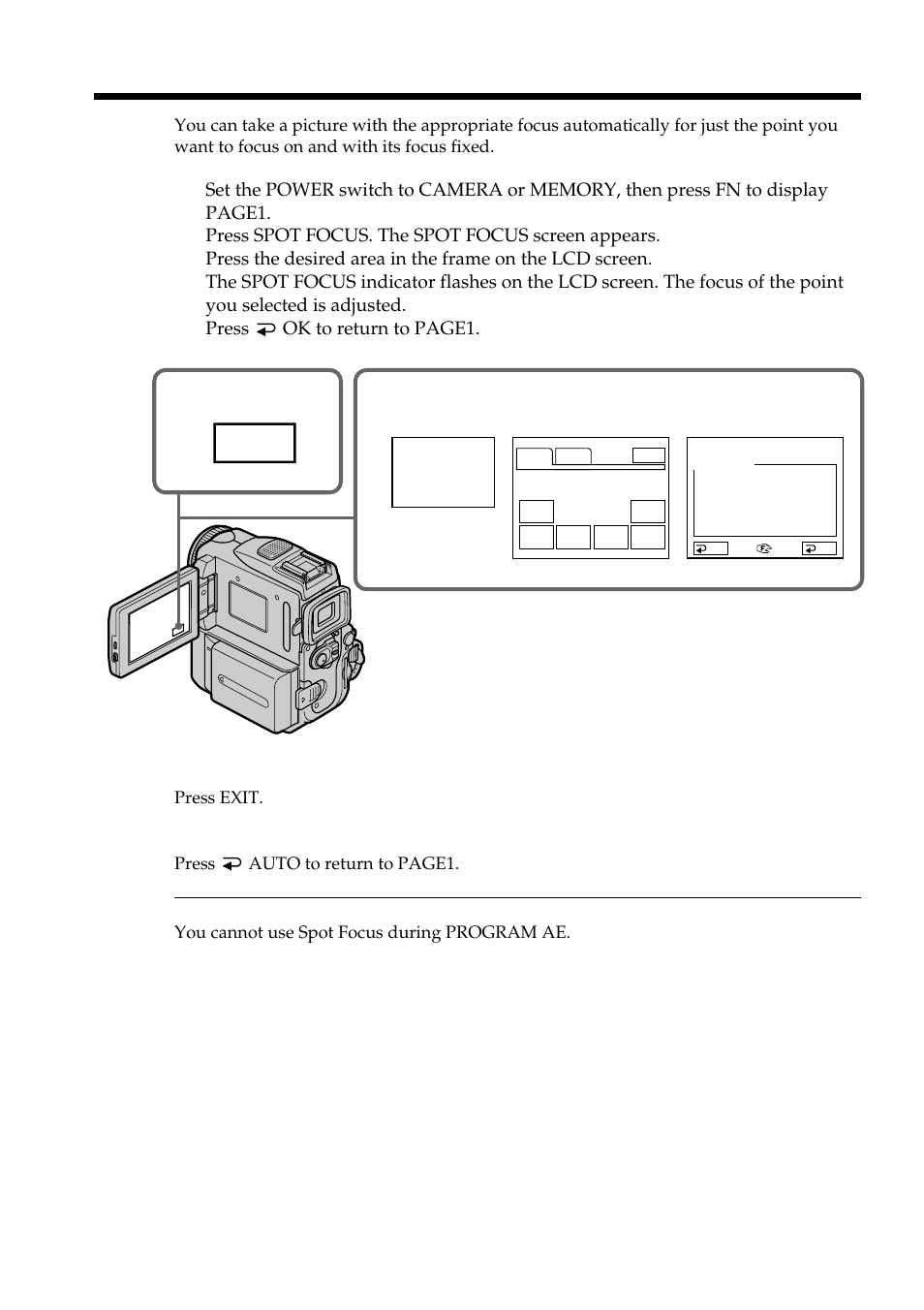Using the spot focus function – spot focus, Spot focus | Sony DCR-PC101 User Manual | Page 66 / 224