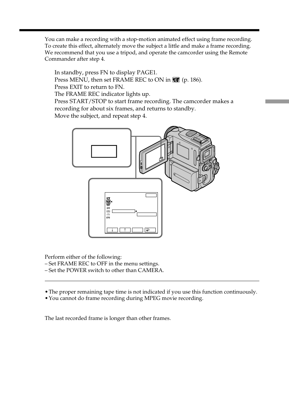 Frame by frame recording – frame recording | Sony DCR-PC101 User Manual | Page 69 / 224