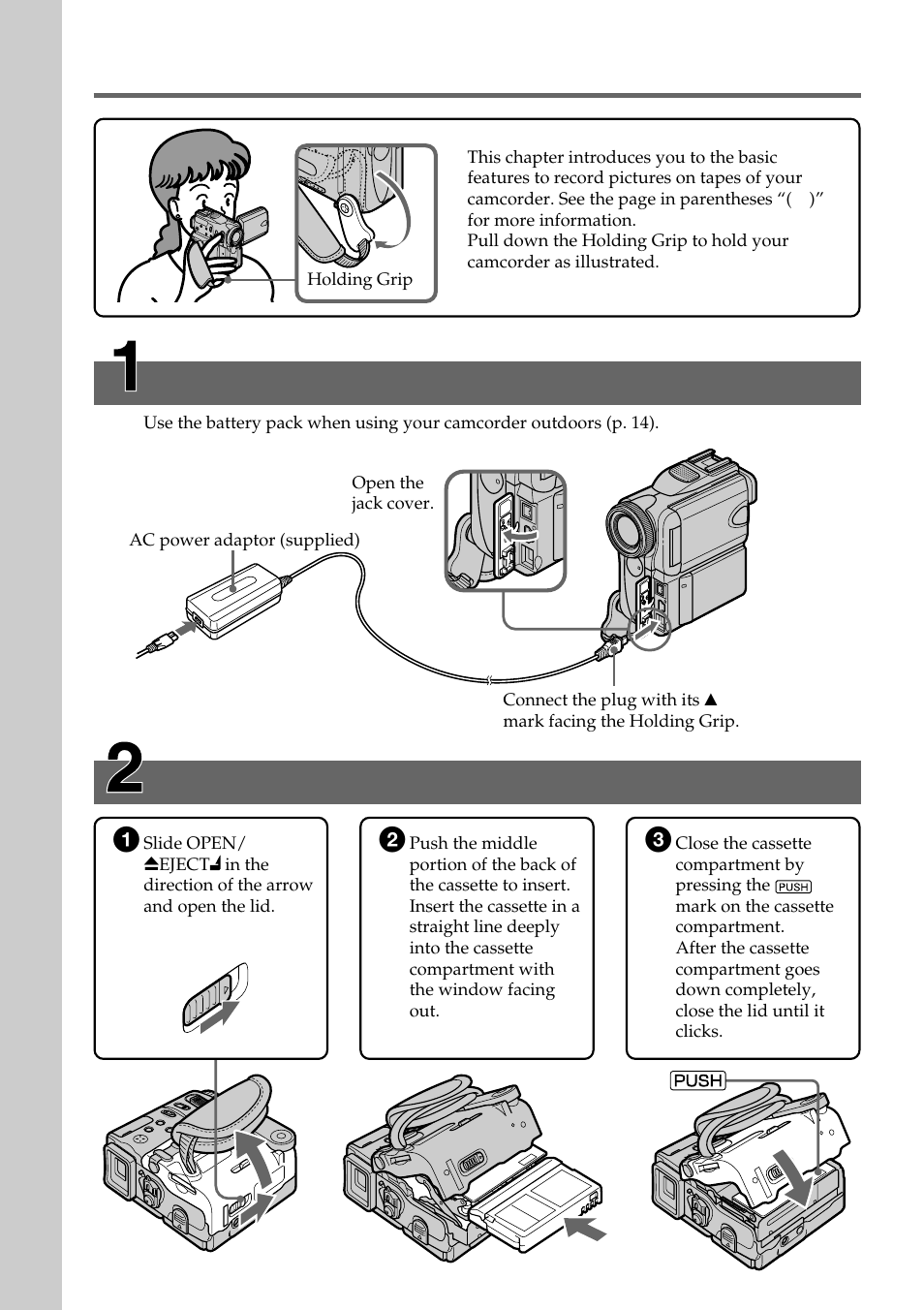 Quick start guide, Recording on a tape, Quick start guide – recording on a tape | Inserting a cassette, Connecting the power cord | Sony DCR-PC101 User Manual | Page 8 / 224
