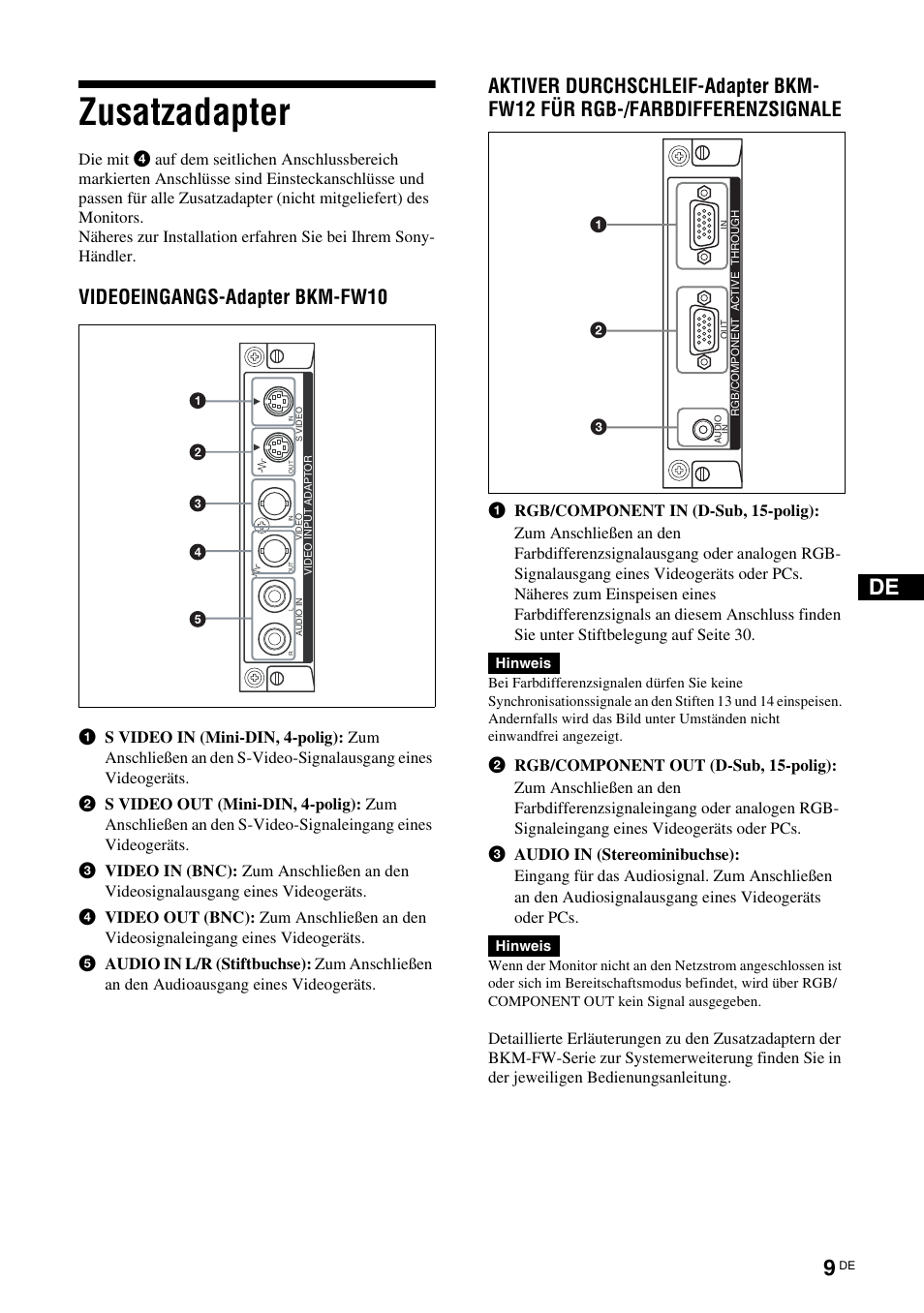 Zusatzadapter, Videoeingangs-adapter bkm-fw10 | Sony KLH-W26 User Manual | Page 101 / 215