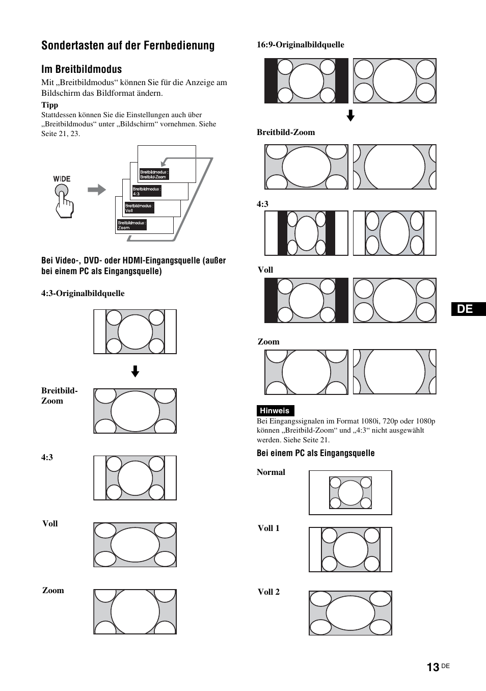 Sondertasten auf der fernbedienung, Im breitbildmodus, De sondertasten auf der fernbedienung | Sony KLH-W26 User Manual | Page 105 / 215