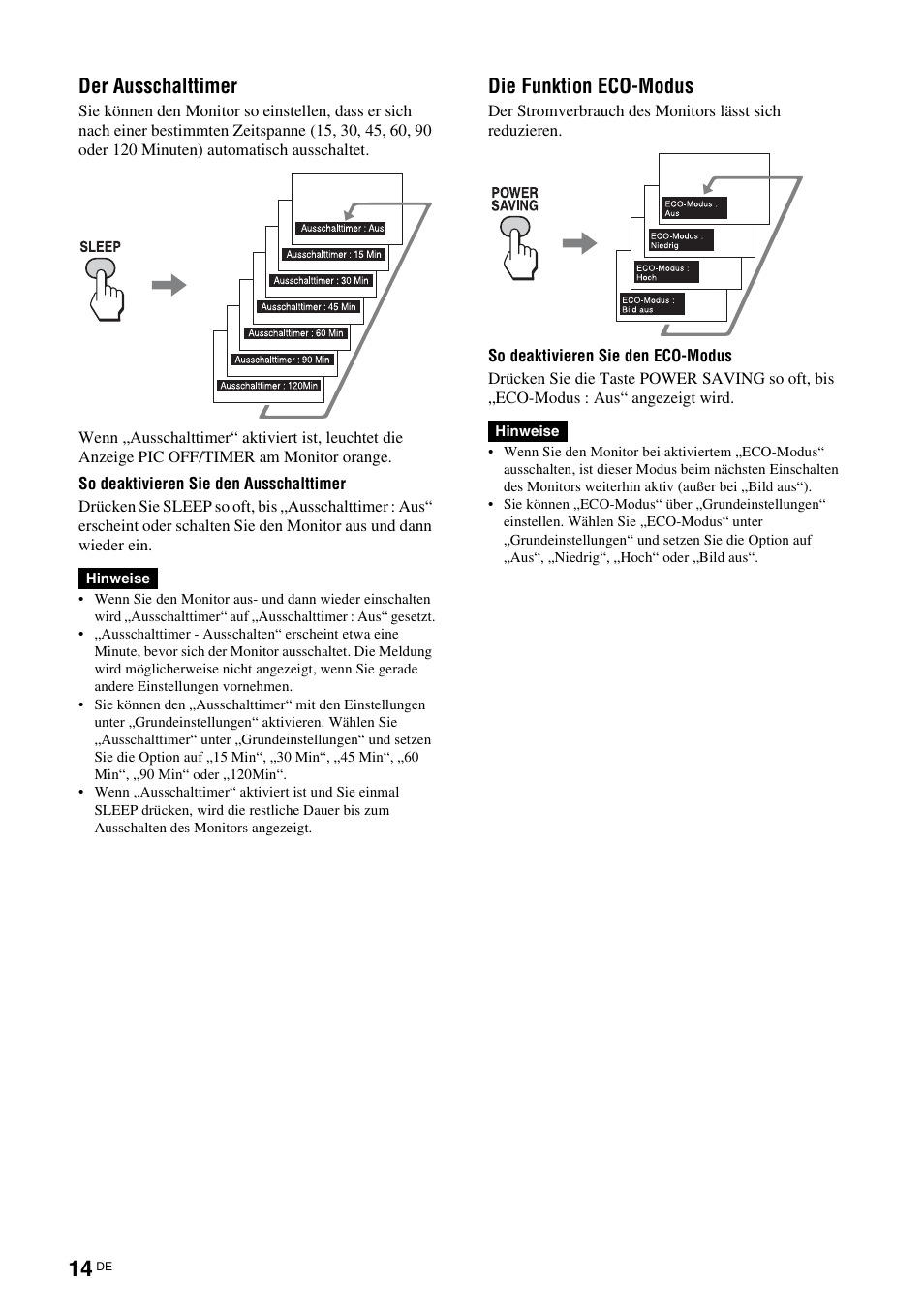 Der ausschalttimer, Die funktion eco-modus, Der ausschalttimer die funktion eco-modus | Sony KLH-W26 User Manual | Page 106 / 215