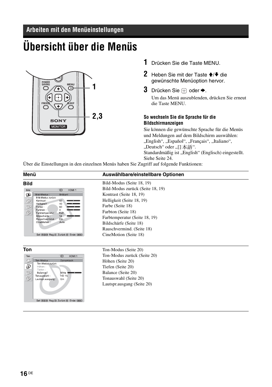 Arbeiten mit den menüeinstellungen, Übersicht über die menüs, Drücken sie die taste menu | Heben sie mit der taste, Die gewünschte menüoption hervor, Drücken sie oder | Sony KLH-W26 User Manual | Page 108 / 215
