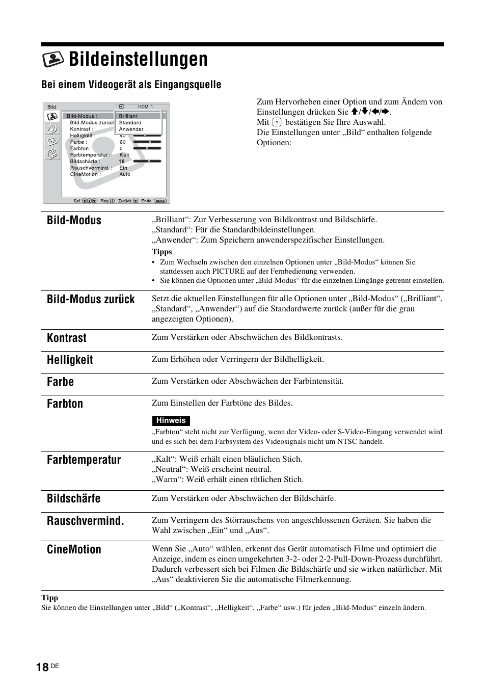 Bildeinstellungen, Seite 18, E (seite 18 | N (seite 18), Seite 18), Bild-modus, Bild-modus zurück, Kontrast, Helligkeit, Farbe | Sony KLH-W26 User Manual | Page 110 / 215