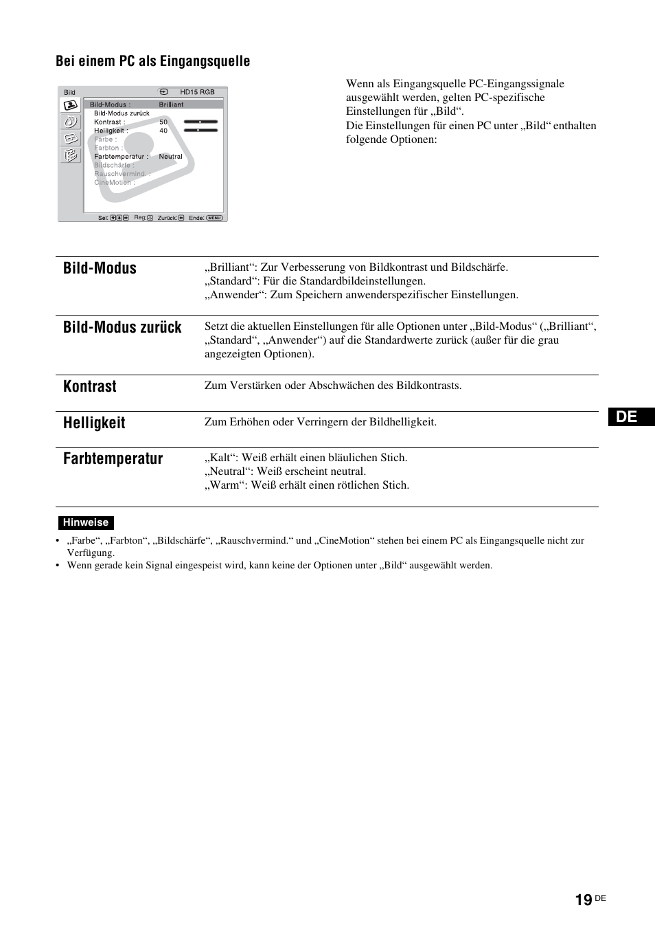 Bild-modus, Bild-modus zurück, Kontrast | Helligkeit, Farbtemperatur, Bei einem pc als eingangsquelle | Sony KLH-W26 User Manual | Page 111 / 215