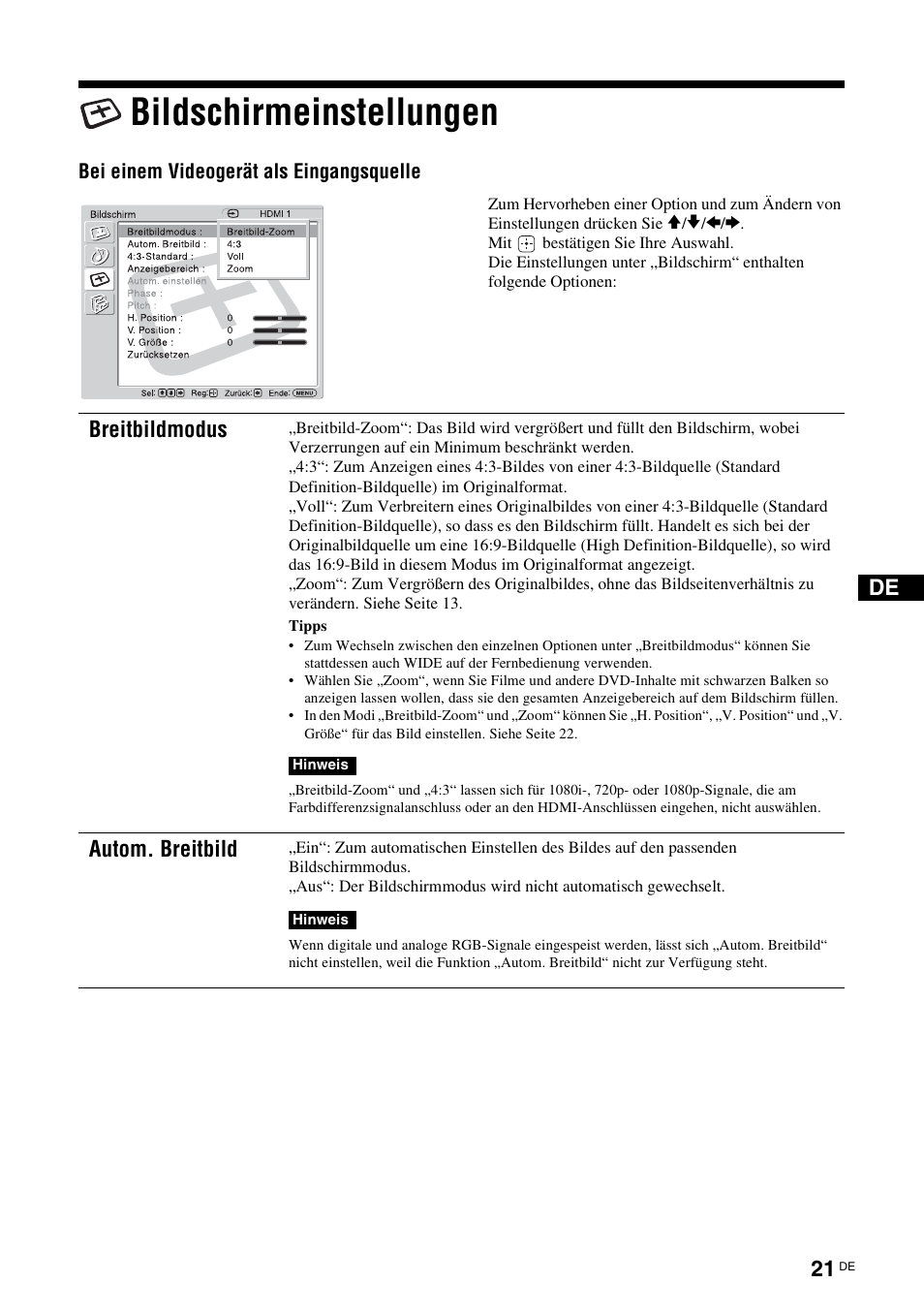 Bildschirmeinstellungen, Seite 21, Seite 21) | Breitbildmodus, Autom. breitbild, Bei einem videogerät als eingangsquelle | Sony KLH-W26 User Manual | Page 113 / 215