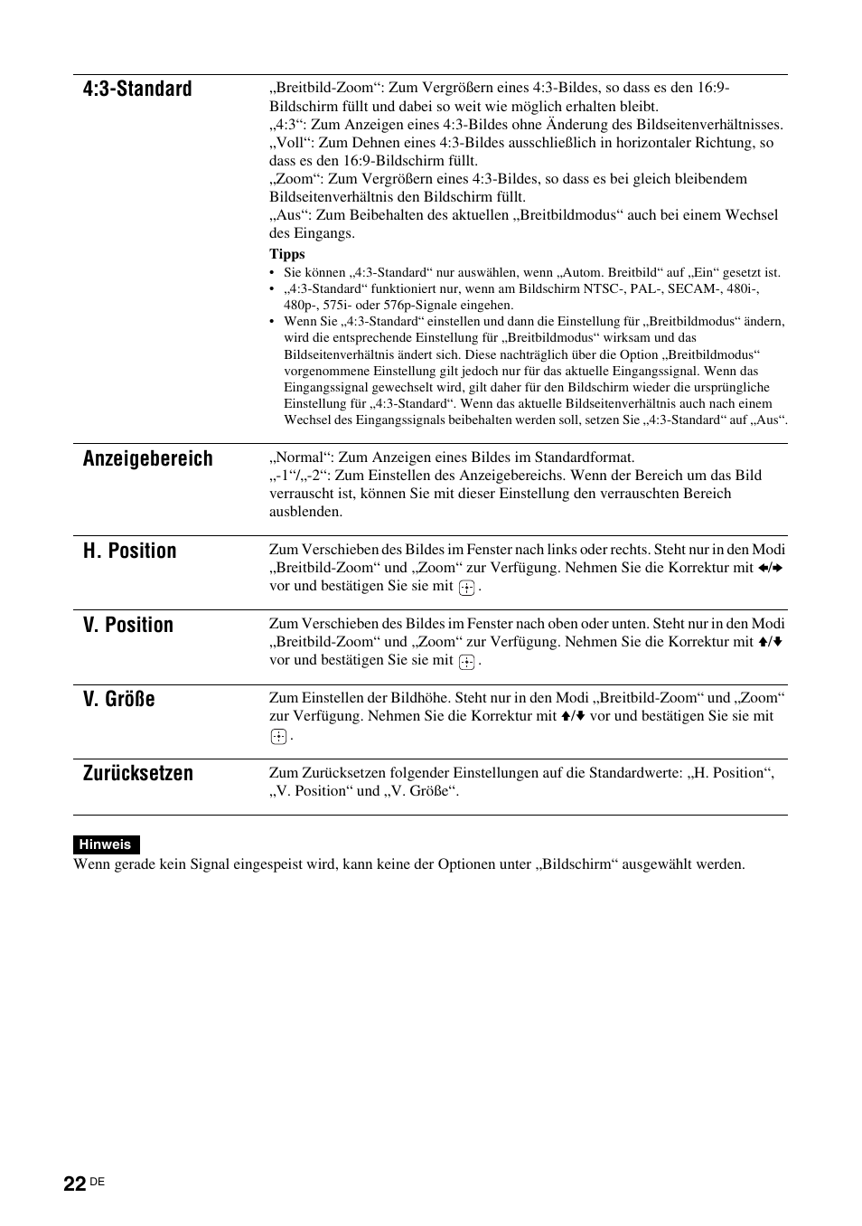 Seite 22), Seite 22, 3-standard | Anzeigebereich, H. position, V. position, V. größe, Zurücksetzen | Sony KLH-W26 User Manual | Page 114 / 215