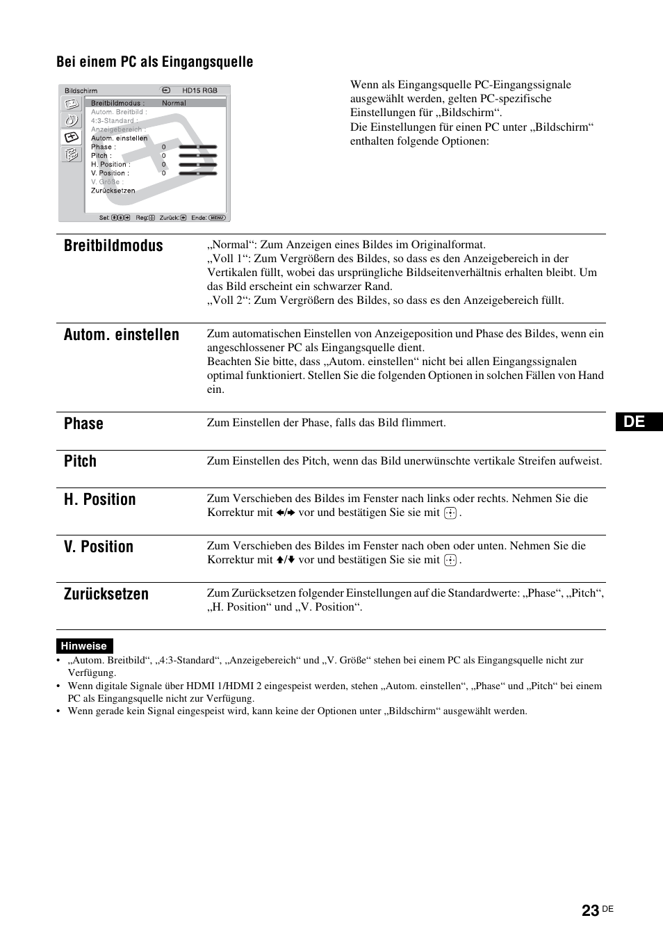 Seite 23, E (seite 23), H (seite 23 | Breitbildmodus, Autom. einstellen, Phase, Pitch, H. position, V. position, Zurücksetzen | Sony KLH-W26 User Manual | Page 115 / 215