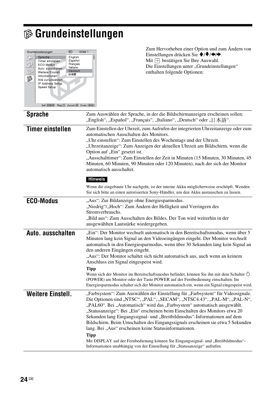 Grundeinstellungen, Siehe seite 24, E (seite 24) | Seite 24, S (seite 24), Sprache, Timer einstellen, Eco-modus, Auto. ausschalten, Weitere einstell | Sony KLH-W26 User Manual | Page 116 / 215