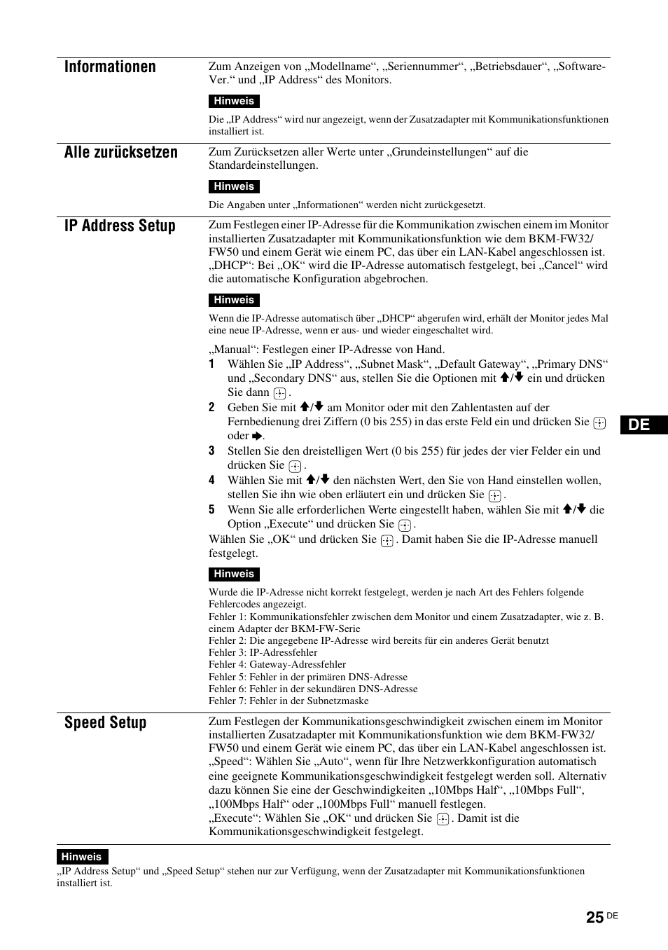 N (seite 25), Seite 25), P (seite 25 | Informationen, Alle zurücksetzen, Ip address setup, Speed setup | Sony KLH-W26 User Manual | Page 117 / 215