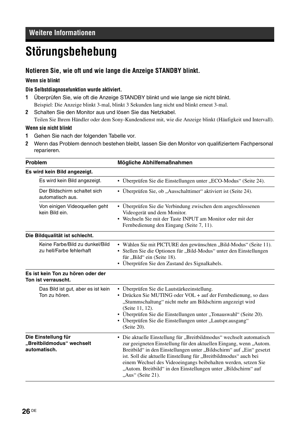 Weitere informationen, Störungsbehebung | Sony KLH-W26 User Manual | Page 118 / 215