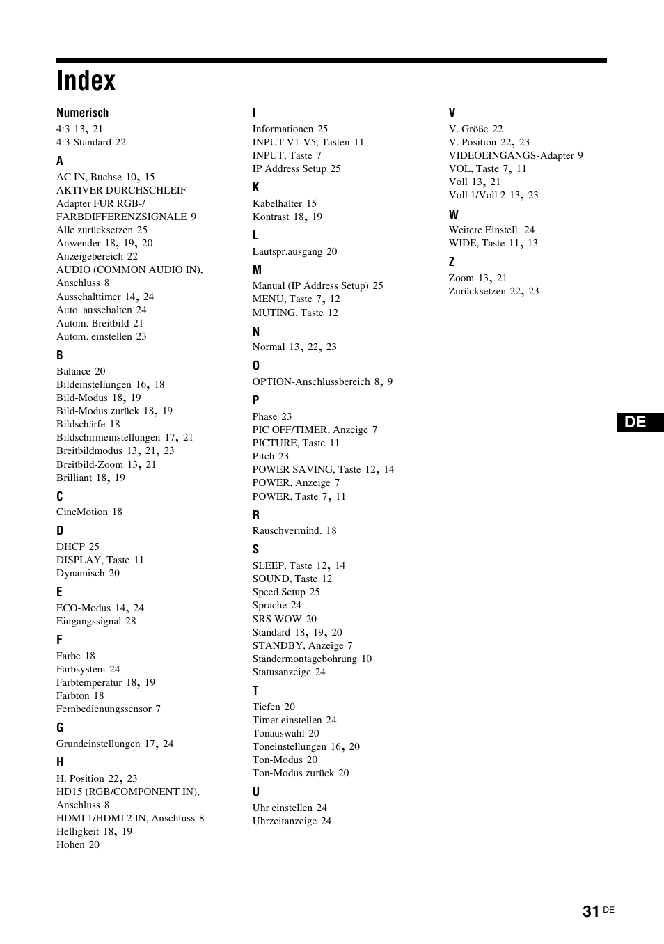 Index | Sony KLH-W26 User Manual | Page 123 / 215