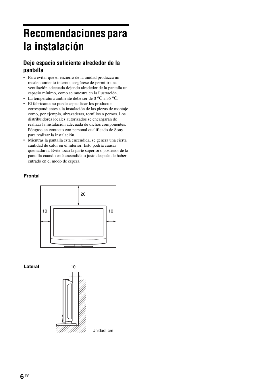 Recomendaciones para la instalación | Sony KLH-W26 User Manual | Page 128 / 215