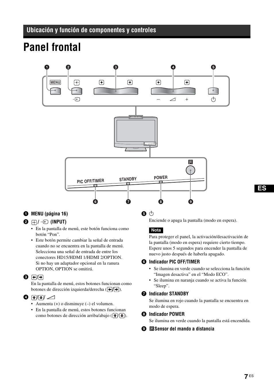 Ubicación y función de componentes y controles, Panel frontal | Sony KLH-W26 User Manual | Page 129 / 215