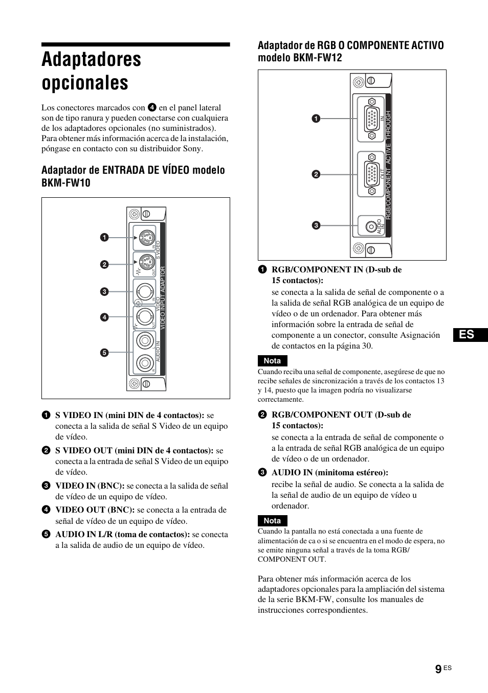 Adaptadores opcionales, Adaptador de entrada de vídeo modelo bkm-fw10 | Sony KLH-W26 User Manual | Page 131 / 215