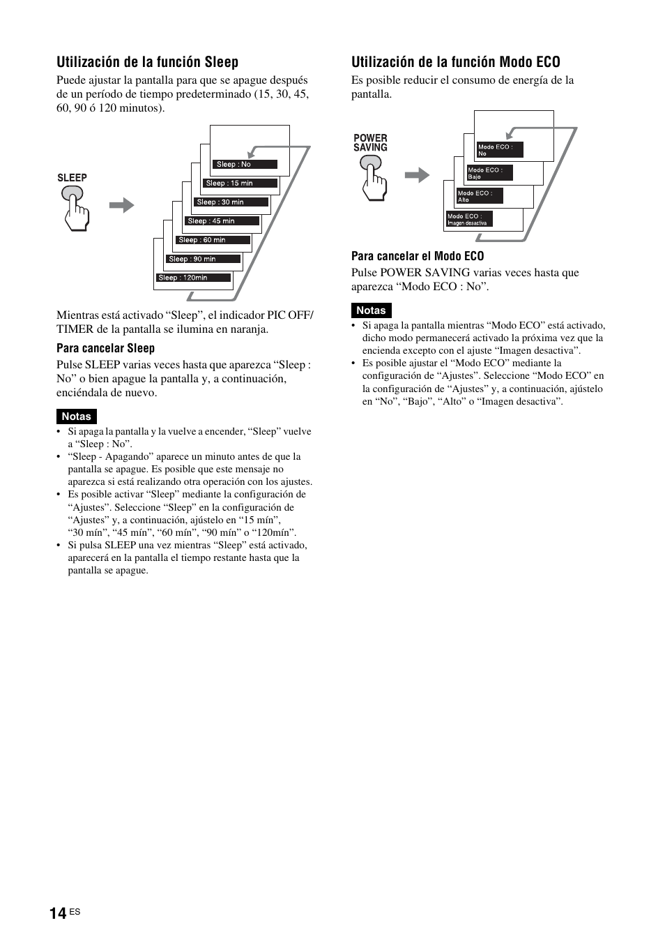 Utilización de la función sleep, Utilización de la función modo eco | Sony KLH-W26 User Manual | Page 136 / 215