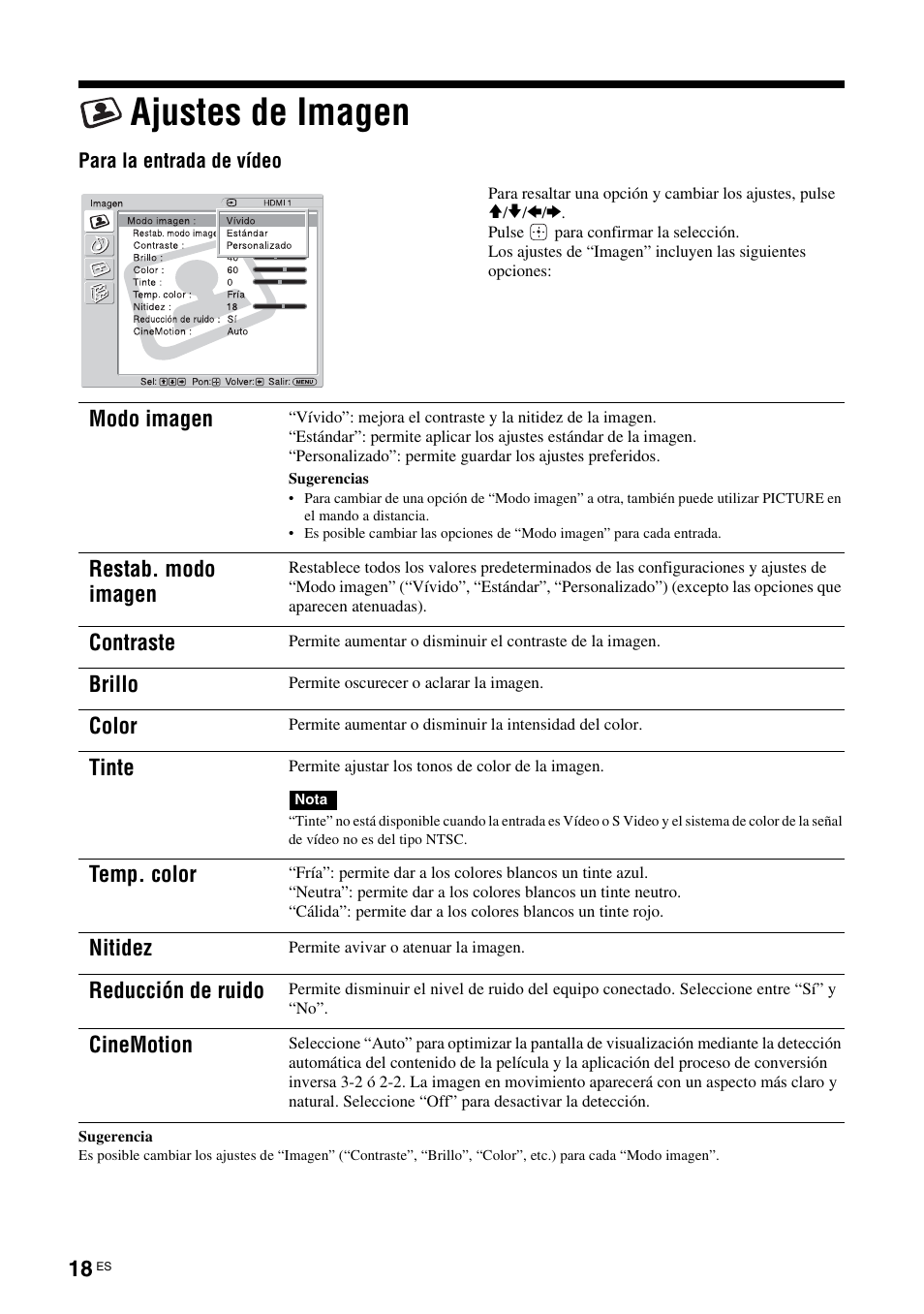 Ajustes de imagen, Modo imagen, Restab. modo imagen | Contraste, Brillo, Color, Tinte, Temp. color, Nitidez, Reducción de ruido | Sony KLH-W26 User Manual | Page 140 / 215