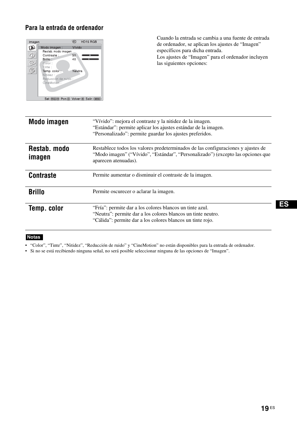 Modo imagen, Restab. modo imagen, Contraste | Brillo, Temp. color, Para la entrada de ordenador | Sony KLH-W26 User Manual | Page 141 / 215