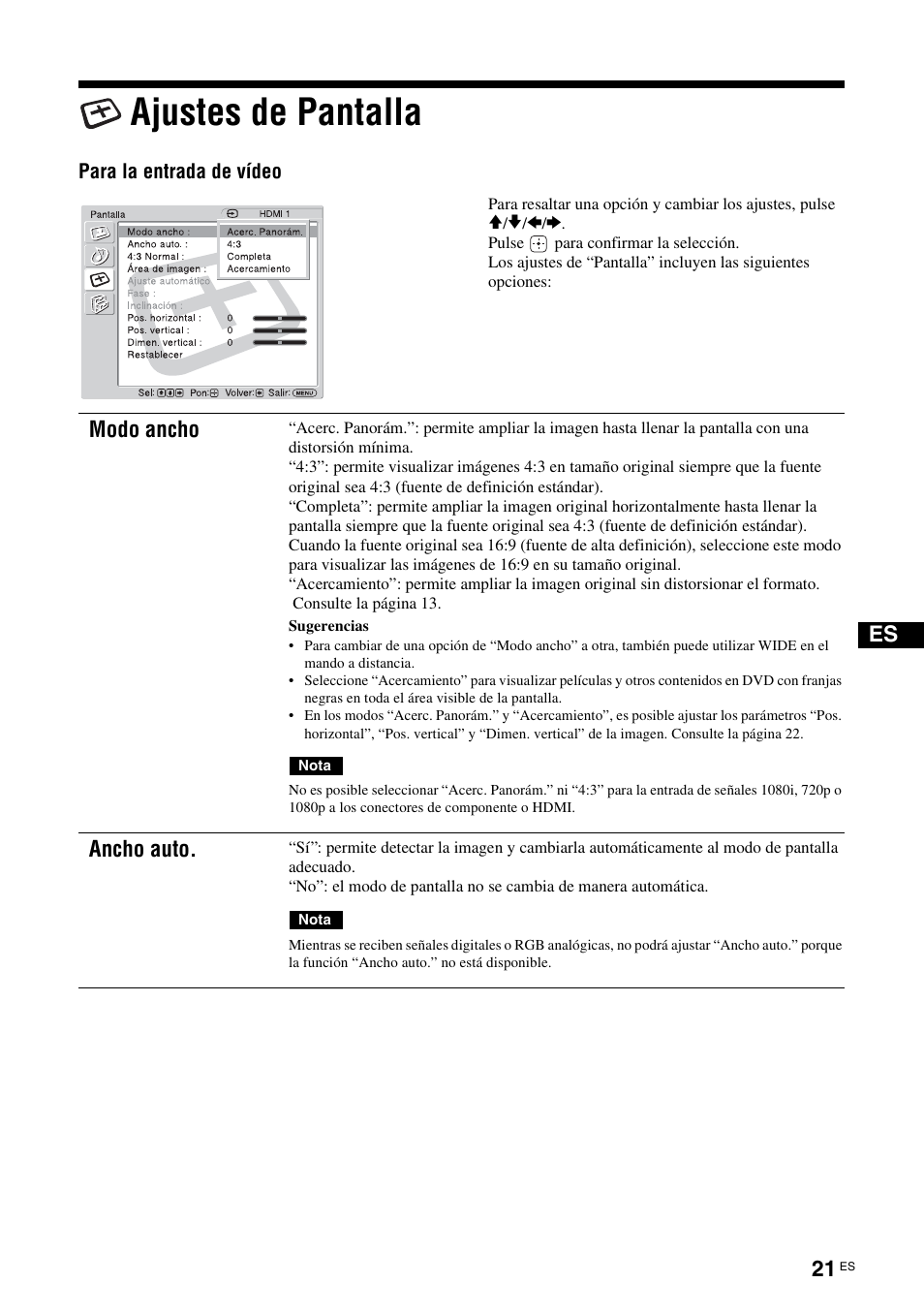 Ajustes de pantalla, Modo ancho, Ancho auto | Sony KLH-W26 User Manual | Page 143 / 215