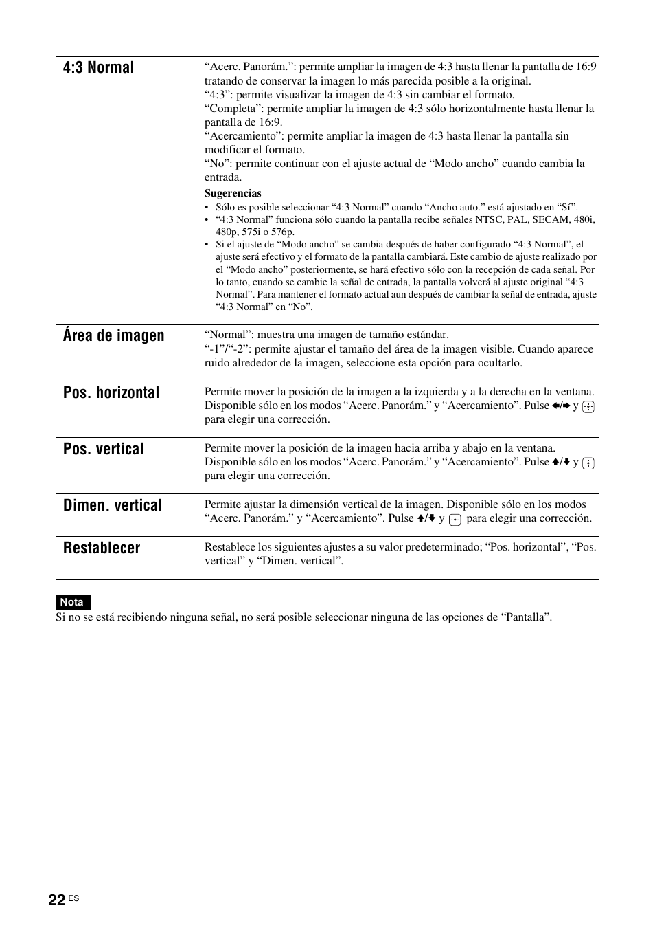 3 normal, Área de imagen, Pos. horizontal | Pos. vertical, Dimen. vertical, Restablecer | Sony KLH-W26 User Manual | Page 144 / 215