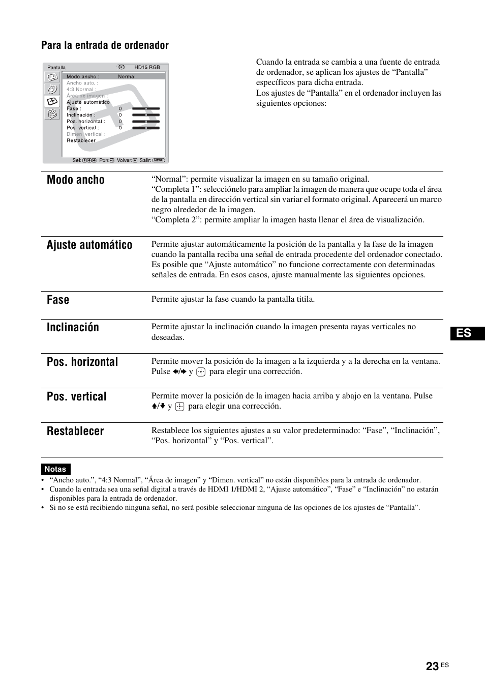 Modo ancho, Ajuste automático, Fase | Inclinación, Pos. horizontal, Pos. vertical, Restablecer, Para la entrada de ordenador | Sony KLH-W26 User Manual | Page 145 / 215