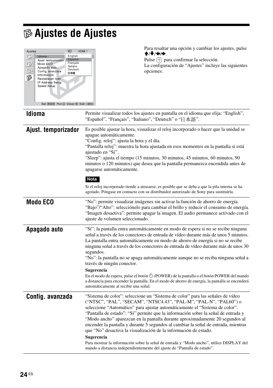 Ajustes de ajustes, Idioma, Ajust. temporizador | Modo eco, Apagado auto, Config. avanzada | Sony KLH-W26 User Manual | Page 146 / 215