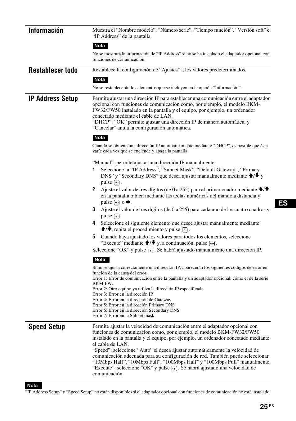 Información, Restablecer todo, Ip address setup | Speed setup | Sony KLH-W26 User Manual | Page 147 / 215