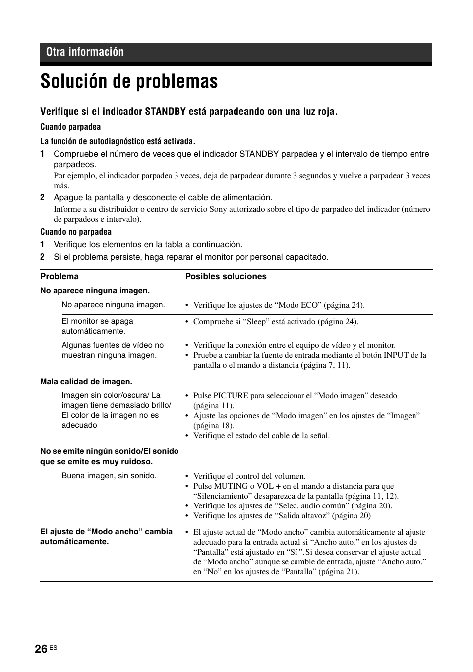 Otra información, Solución de problemas | Sony KLH-W26 User Manual | Page 148 / 215