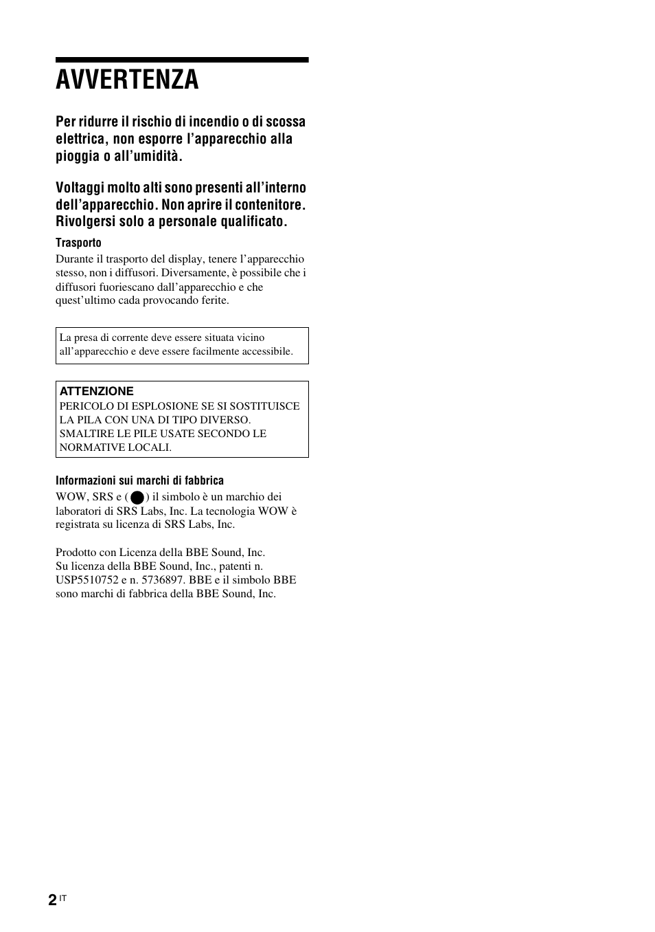 Avvertenza | Sony KLH-W26 User Manual | Page 154 / 215