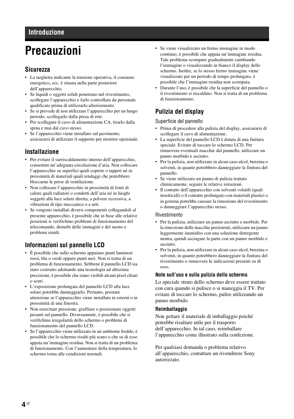 Introduzione, Precauzioni, Sicurezza | Installazione, Informazioni sul pannello lcd, Pulizia del display | Sony KLH-W26 User Manual | Page 156 / 215