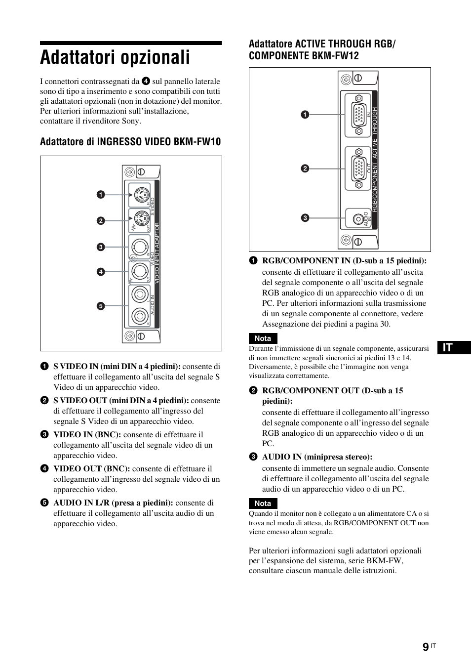 Adattatori opzionali, Adattatore di ingresso video bkm-fw10, Adattatore active through rgb/ componente bkm-fw12 | Sony KLH-W26 User Manual | Page 161 / 215