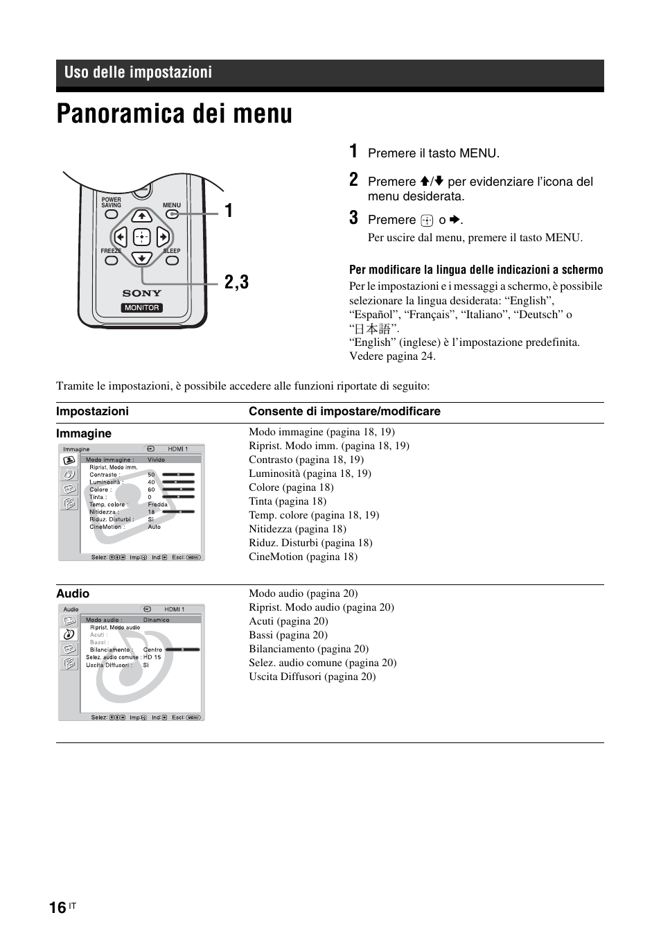 Uso delle impostazioni, Panoramica dei menu, Premere il tasto menu | Premere, Per evidenziare l’icona del menu desiderata, Premere o | Sony KLH-W26 User Manual | Page 168 / 215