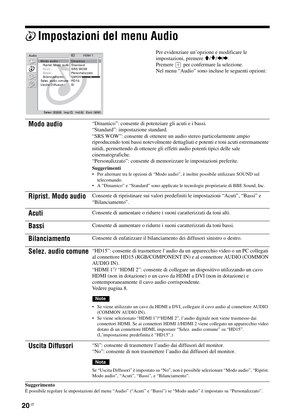 Impostazioni del menu audio, Modo audio, Riprist. modo audio | Acuti, Bassi, Bilanciamento, Selez. audio comune, Uscita diffusori | Sony KLH-W26 User Manual | Page 172 / 215