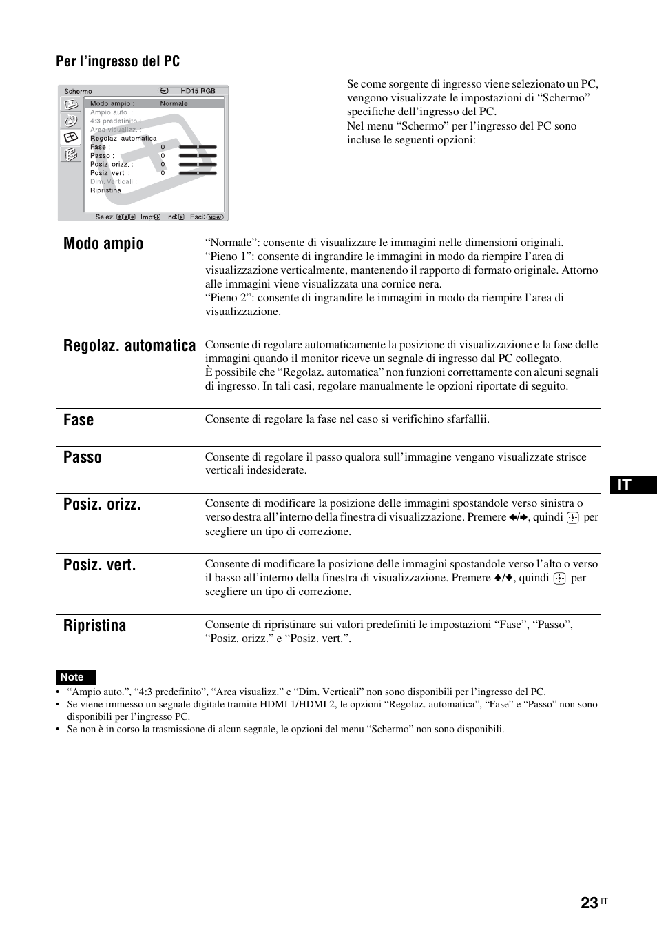 Modo ampio, Regolaz. automatica, Fase | Passo, Posiz. orizz, Posiz. vert, Ripristina | Sony KLH-W26 User Manual | Page 175 / 215
