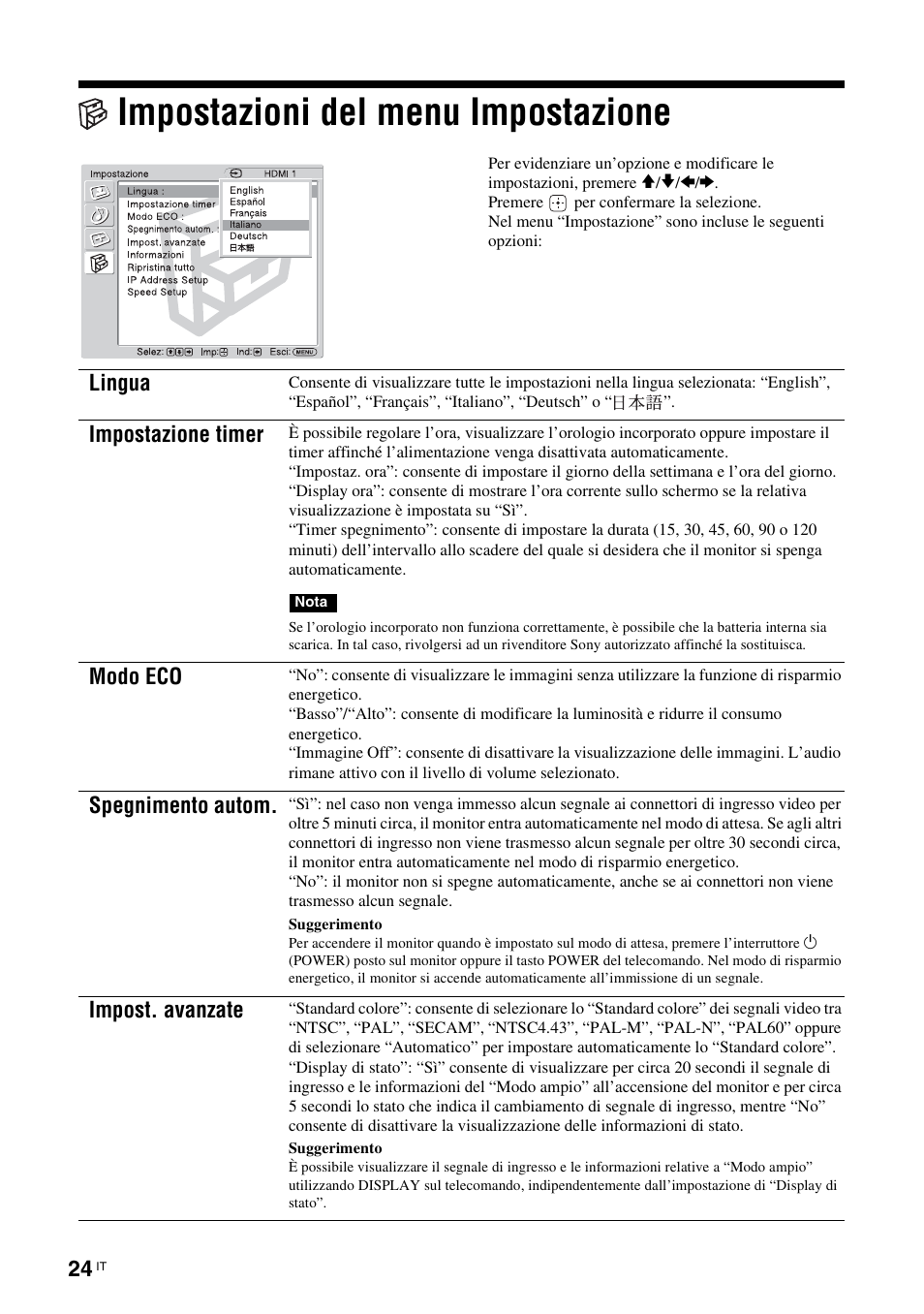 Impostazioni del menu impostazione, Lingua, Impostazione timer | Modo eco, Spegnimento autom, Impost. avanzate | Sony KLH-W26 User Manual | Page 176 / 215