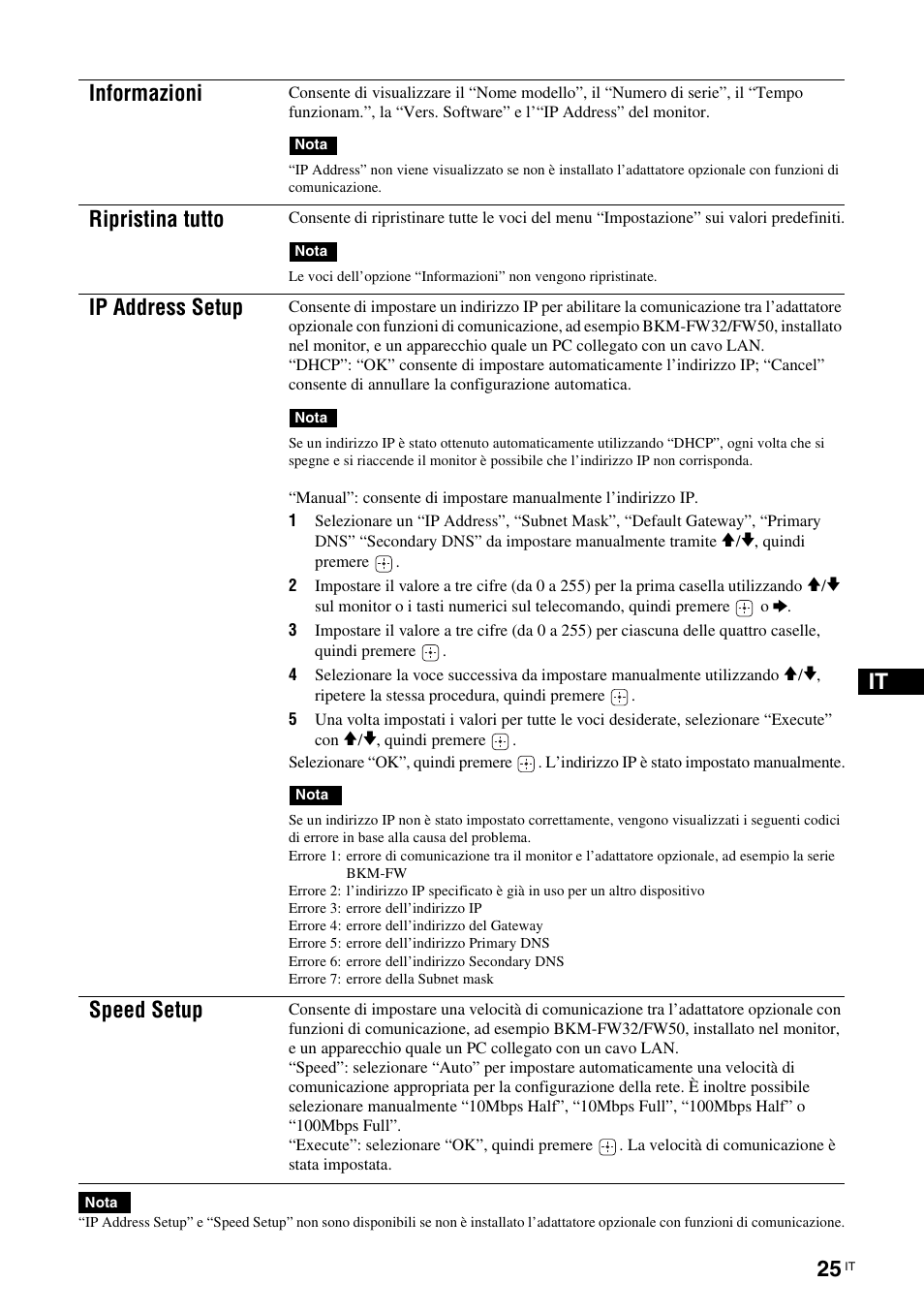 Informazioni, Ripristina tutto, Ip address setup | Speed setup | Sony KLH-W26 User Manual | Page 177 / 215
