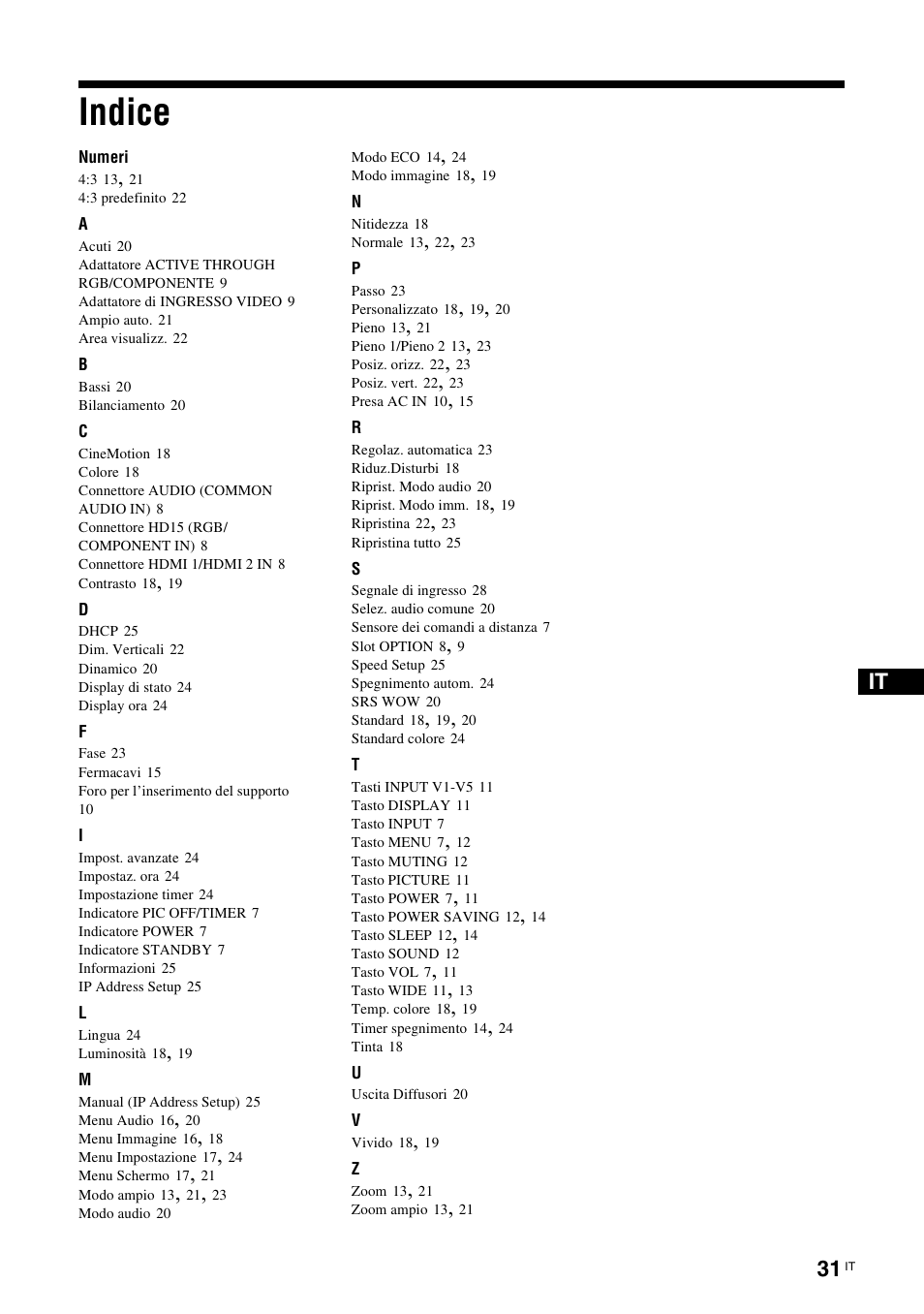 Indice | Sony KLH-W26 User Manual | Page 183 / 215
